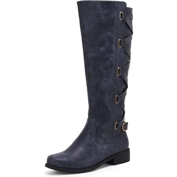 Womens Faux Leather Navy Strappy Motorcycle Knee High Riding Flat Lace Up Boots - Picture 1 of 6